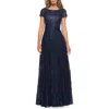 La Femme Sequin Lace A-line Gown With Sheer Short Sleeves In Navy