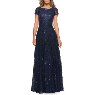 La Femme Sequin Lace A-line Gown With Sheer Short Sleeves In Navy