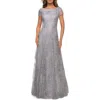 La Femme Sequin Floral Bateau-neck Cap-sleeve A-line Gown In Silver