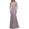La Femme Sequin Lace Long Dress With Sheer Sleeves In Mauve