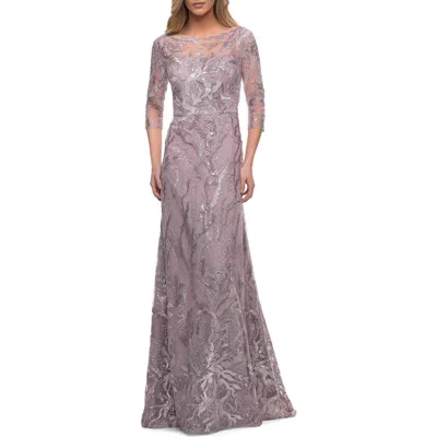 La Femme Sequin Lace Long Dress With Sheer Sleeves In Mauve