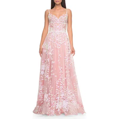 La Femme Sequin Lace Print Tulle A-line Prom Dress With Illusion Bodice In Pink