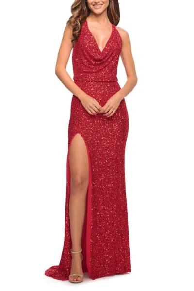 La Femme Sequin Long Dress In Red