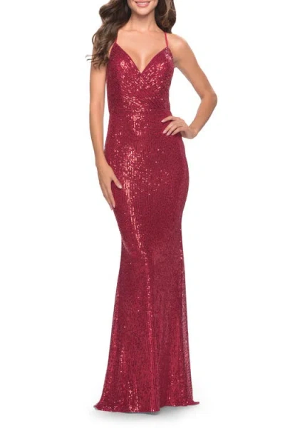 La Femme Sequin Long Dress With V Neckline And Open Low Back