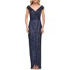 La Femme Sequin Long Evening Dress With Ruching And V Neck In Navy