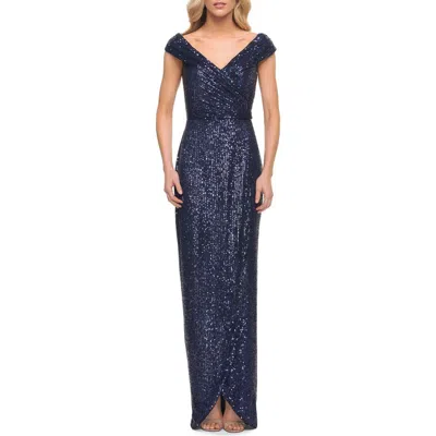 La Femme Sequin Long Evening Dress With Ruching And V Neck In Navy