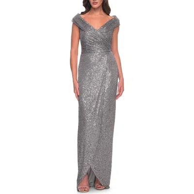 La Femme Sequin Long Evening Dress With Ruching And V Neck In Silver
