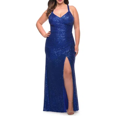 La Femme Sequin Long Plus Gown With V-neck And Slit
