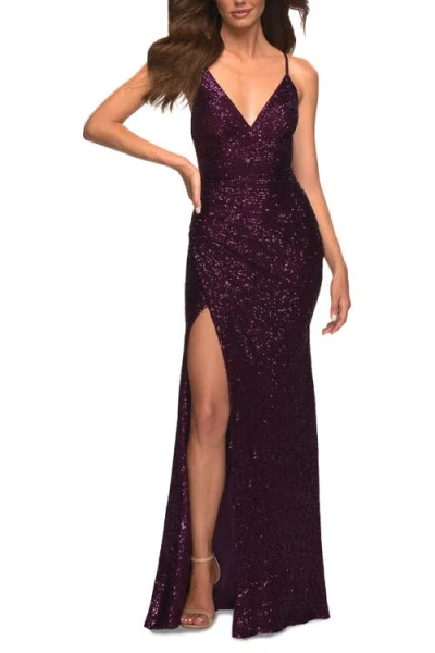 La Femme Sequin Long Prom Dress With Wrap Style Front In Dark Berry