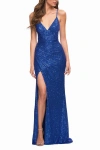 La Femme Sequin Long Prom Dress With Wrap Style Front In Royal Blue