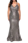 La Femme Sequin Plus Size Dress With Criss Cross Back