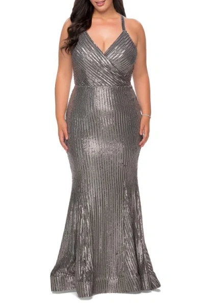 La Femme Sequin Plus Size Dress With Criss Cross Back