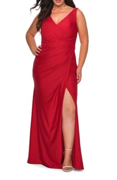 La Femme Sequin Plus Size Dress With Off The Shoulder Detail In Red