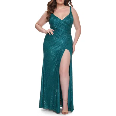 La Femme Sequin Plus Size Dress With Ruching And Slit