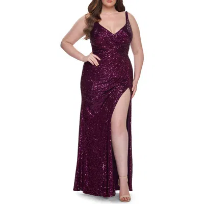 La Femme Sequin Plus Size Dress With Ruching And Slit