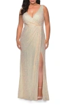 La Femme Sequin Faux Wrap Gown In Champagne
