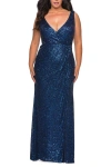 La Femme Sequin Plus Size Gown With Ruching And V-neck In Navy