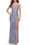 La Femme Sequin Prom Dress With Ruching And Open Tie Back