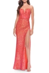 La Femme Sequin Prom Dress With Ruching And Open Tie Back