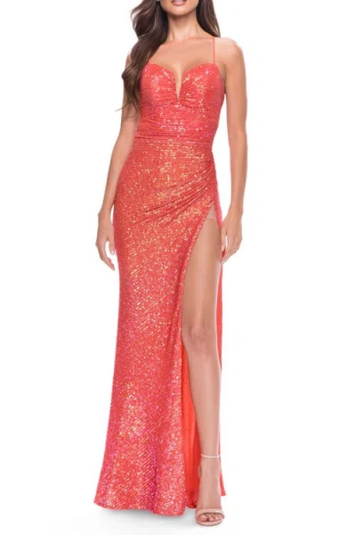 La Femme Sequin Prom Dress With Ruching And Open Tie Back