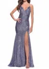 La Femme Long Sequin Gown With Dramatic Flare Skirt And Slit In Grey