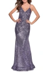 La Femme Sequin Prom Gown With Drop Waist And V-neckline In Blue
