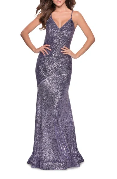 La Femme Sequin Prom Gown With Drop Waist And V-neckline In Blue