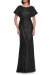 La Femme Sequin Stretch Evening Dress With High Neckline And Dolman Sleeves In Black
