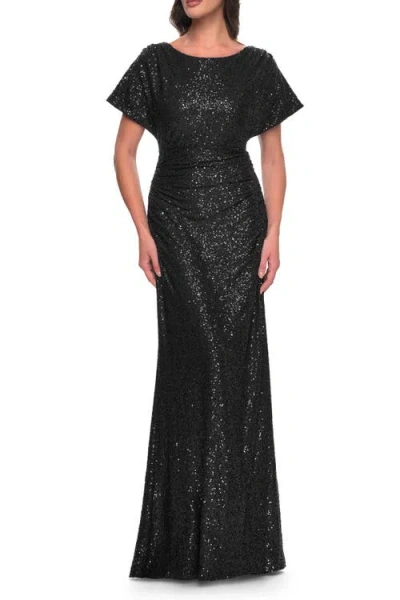 La Femme Sequin Stretch Evening Dress With High Neckline And Dolman Sleeves In Black