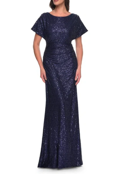 La Femme Sequin Stretch Evening Dress With High Neckline And Dolman Sleeves In Navy