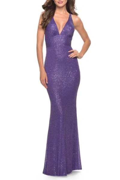 LA FEMME LA FEMME SEQUIN STRETCH LONG PROM DRESS WITH BANDED WAIST