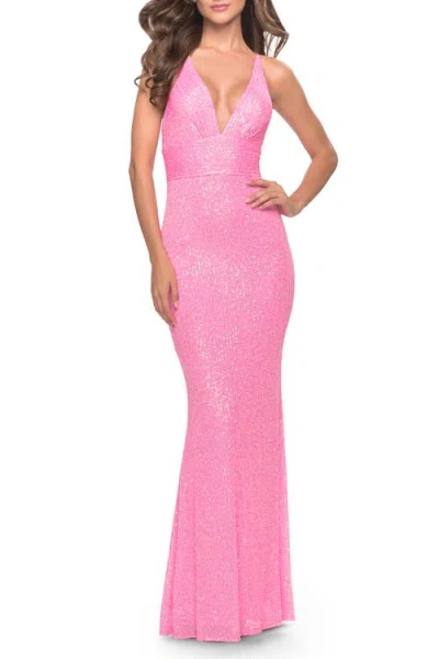 La Femme Sequin Stretch Long Prom Dress With Banded Waist In Neon Pink