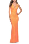 La Femme Sequin Stretch Long Prom Dress With Banded Waist In Orange