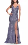 La Femme Long Sequin Gown With Dramatic Flare Skirt And Slit In Purple