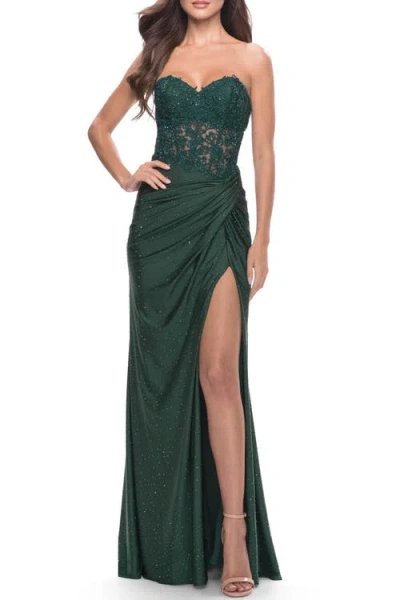 La Femme Sheer Lace Applique Bodice Dress With Jersey Skirt In Dark Emerald