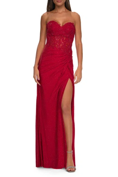 La Femme Sheer Lace Applique Bodice Dress With Jersey Skirt In Red