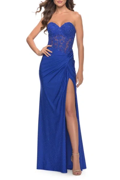 La Femme Sheer Lace Applique Bodice Dress With Jersey Skirt In Royal Blue