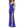 La Femme Ruched Jersey Gown With Intricate Lace Up Back