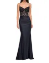 La Femme Sheer Net Bodice Prom Dress In Black In Black