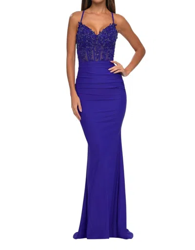 La Femme Sheer Net Bodice Prom Dress In Royal Blue