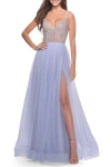 La Femme Sheer Rhinestone Bodice A-line Tulle Gown In Light Periwinkle