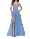La Femme Sheer Waist A-line Prom Dress In Cloud Blue In Blue