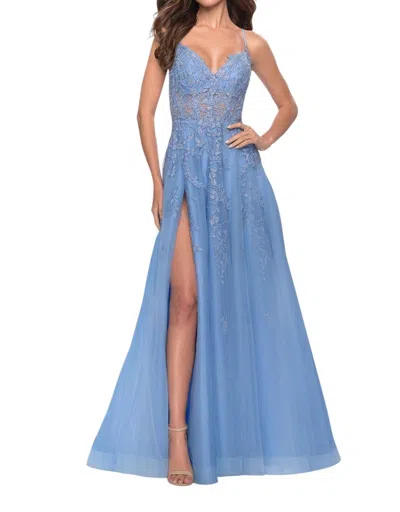 La Femme Sheer Waist A-line Prom Dress In Cloud Blue