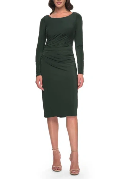 La Femme Short Simple Jersey Dress With Flattering Ruching In Dark Emerald