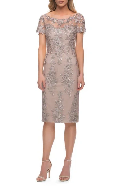 La Femme Short Sleeve Below The Knee Lace Dress In Nude