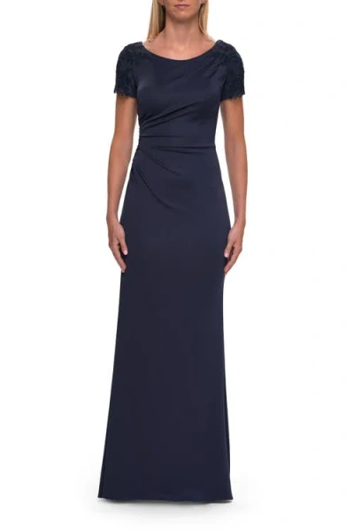 La Femme Short Sleeve Embellished Shoulder Evening Gown In Blue