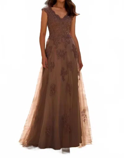 La Femme Short Sleeve Lace Gown In Cocoa Brown