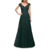 La Femme Short Sleeve Lace Gown With Cascading Embellishments