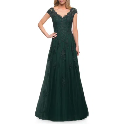 La Femme Short Sleeve Lace Gown With Cascading Embellishments