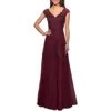 La Femme Short Sleeve Lace Gown With Cascading Embellishments In Burgundy